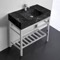 Modern Console Sink Vanity, Black Marble Style Sink, 32 Inch, Polished Chrome Metal Stand